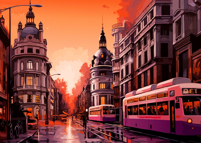 Sunset Cityscape with Trams