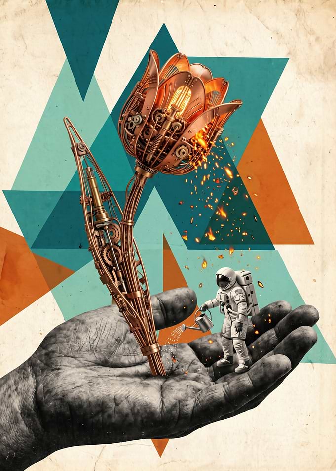 Steampunk Astronaut Watering Mechanical Flower