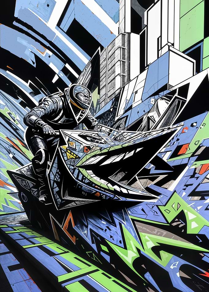 Futuristic Biker in Graffiti Cityscape