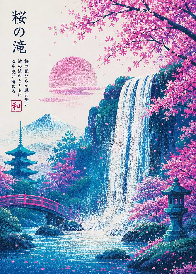 Cherry Blossom Waterfall Japanese Landscape