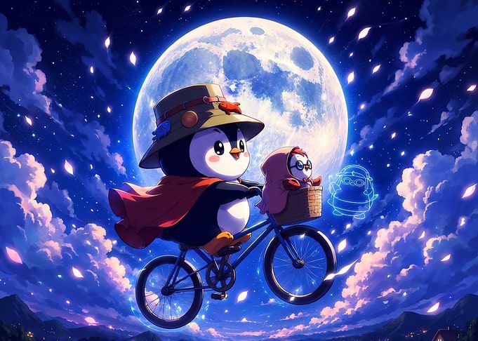 Penguins Flying on Bicycle Under Moon