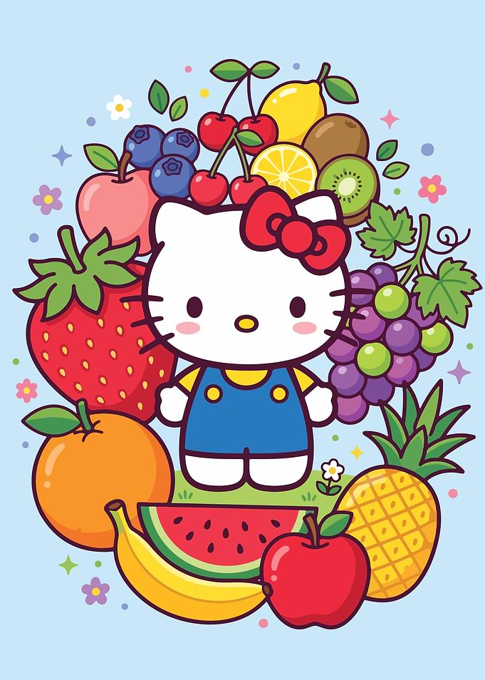 Hello Kitty Surrounded by Colorful Fruits