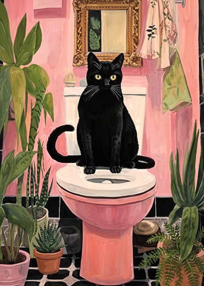 Black Cat Sitting on Pink Toilet