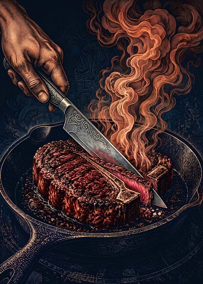 Engraved Steak Slicing Illustration