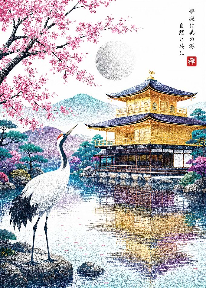 Kinkaku-ji Temple with Red-Crowned Crane