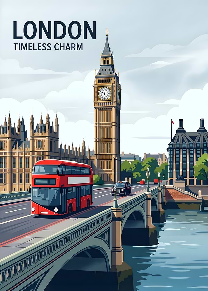 London Big Ben Red Bus Travel Poster