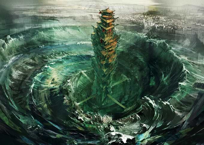 Tower Amidst a Raging Whirlpool