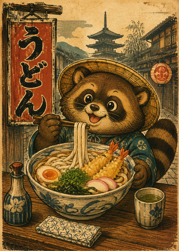 Tanuki Eating Udon Vintage Poster