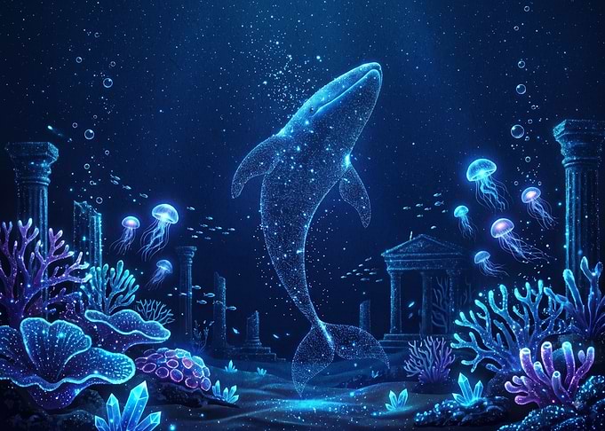 Glowing Cosmic Whale in Underwater Ruins