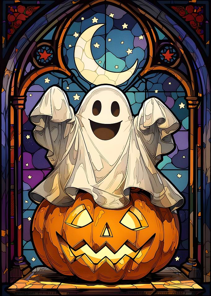 Stained Glass Ghost and Pumpkin
