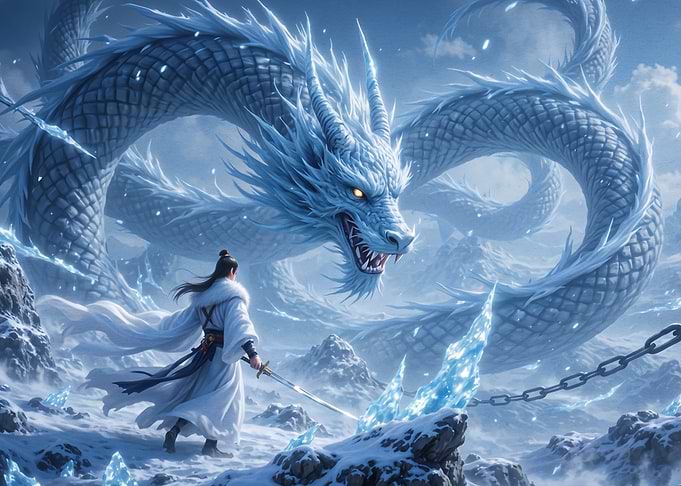 Warrior Facing a Giant Ice Dragon