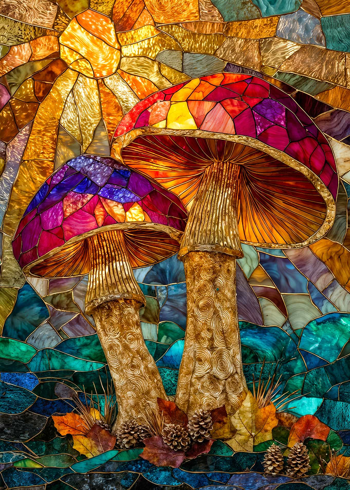 Colorful stained glass mushrooms nature mosaic art