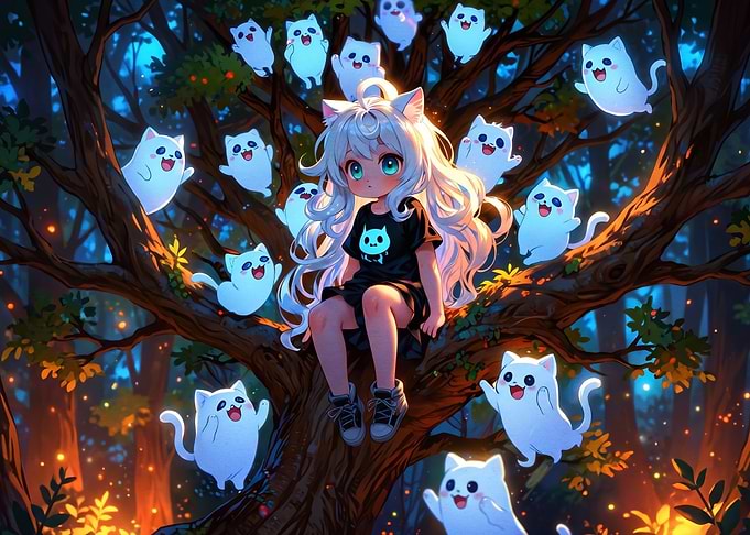 Anime Girl Sitting with Glowing Cats