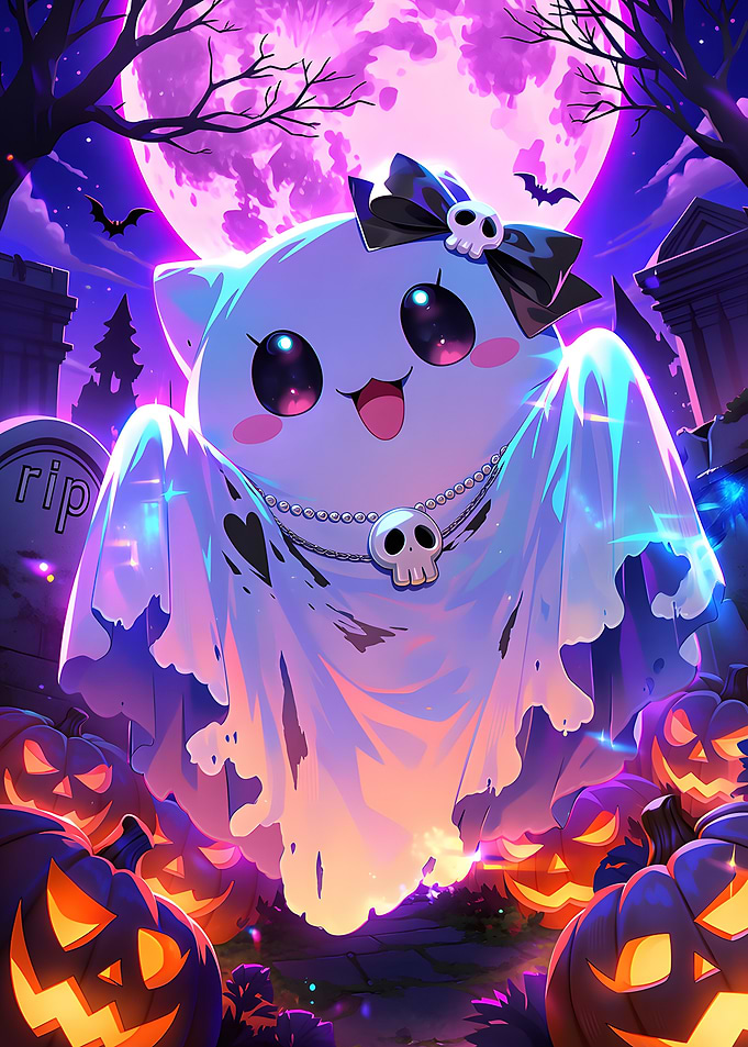 Cute Ghost in Halloween Graveyard