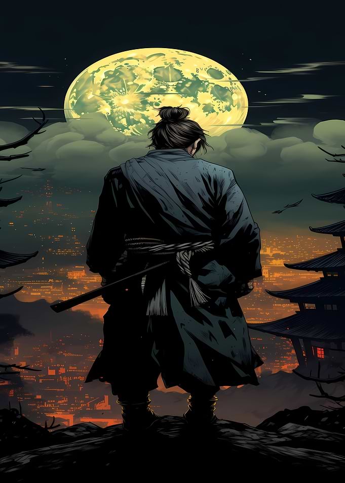 Samurai Standing Under Full Moon