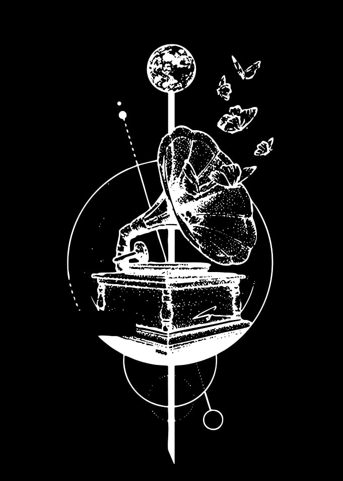 Surreal Gramophone with Butterflies and Moon