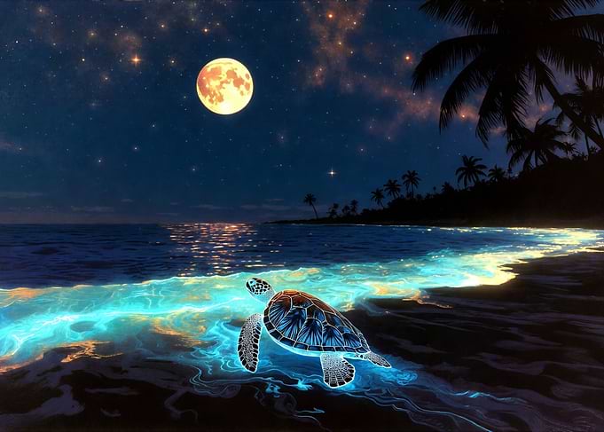 Bioluminescent Sea Turtle Under Full Moon
