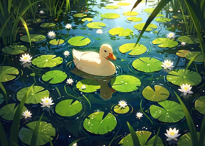 Cute Duckling in Lily Pad Pond