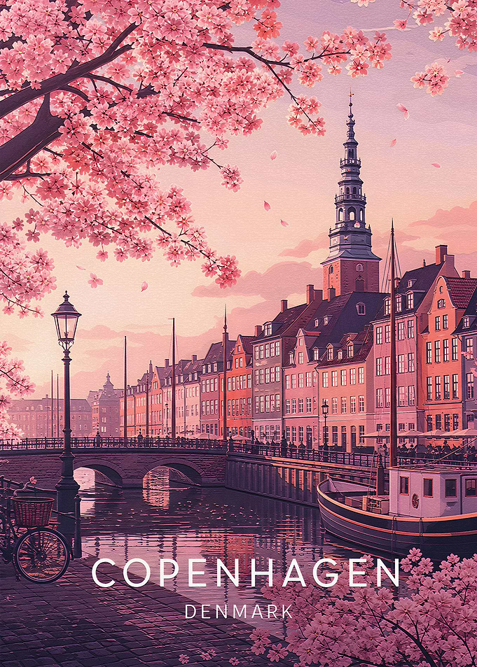 Copenhagen Spring Cherry Blossom Travel Poster
