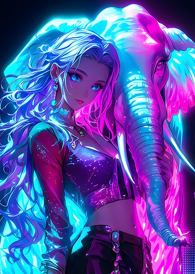 Neon Anime Girl with Glowing Elephant