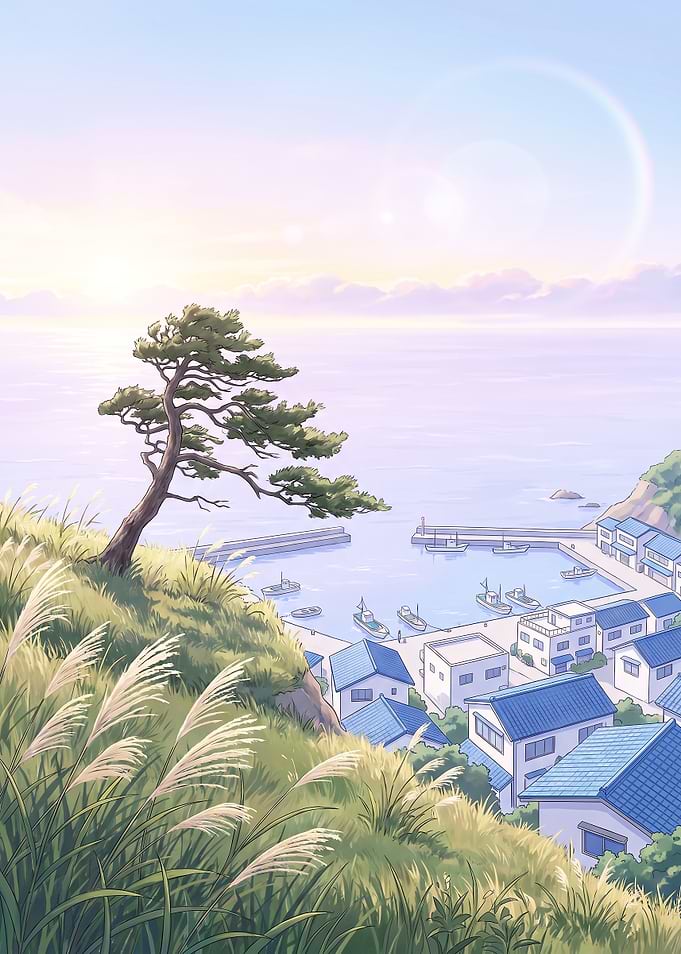 Coastal Japanese Village at Sunset