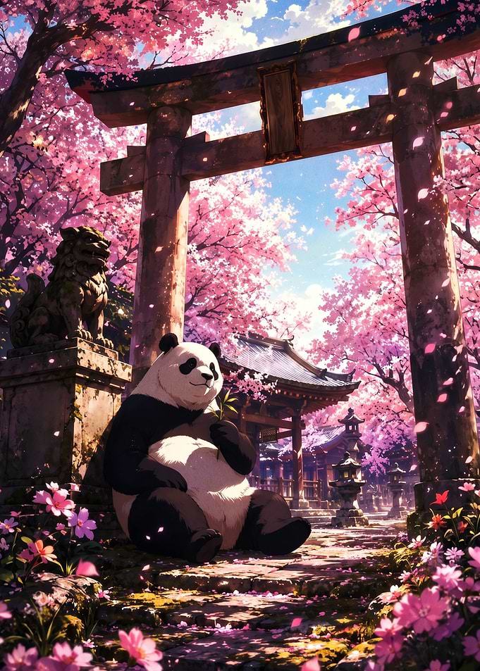 Panda Resting Under Cherry Blossoms