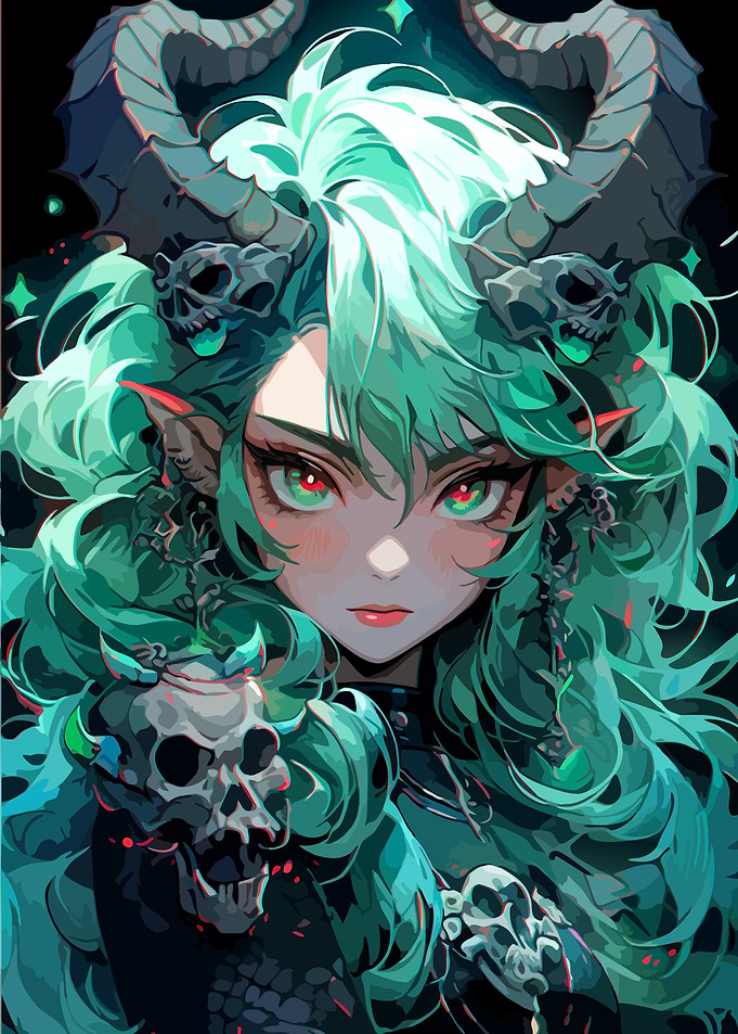 Green Haired Demon Girl Portrait