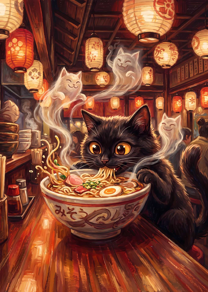 Black Cat Eating Ramen in Izakaya
