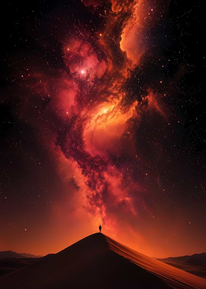 Lone Traveler Under Red Nebula Desert Landscape