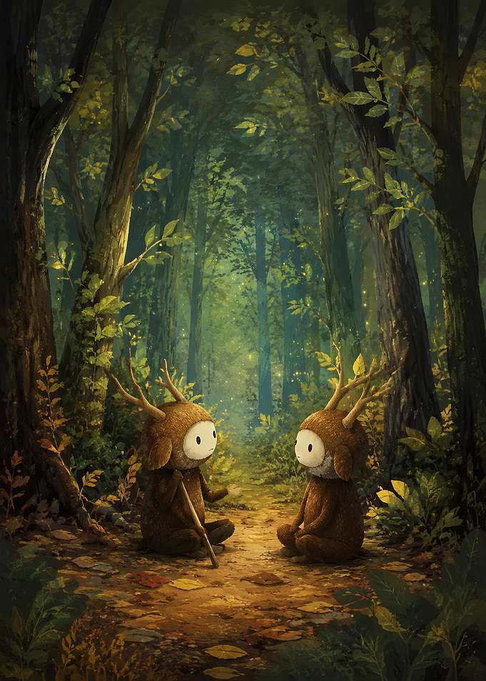 Two Forest Spirits Meeting in Woods