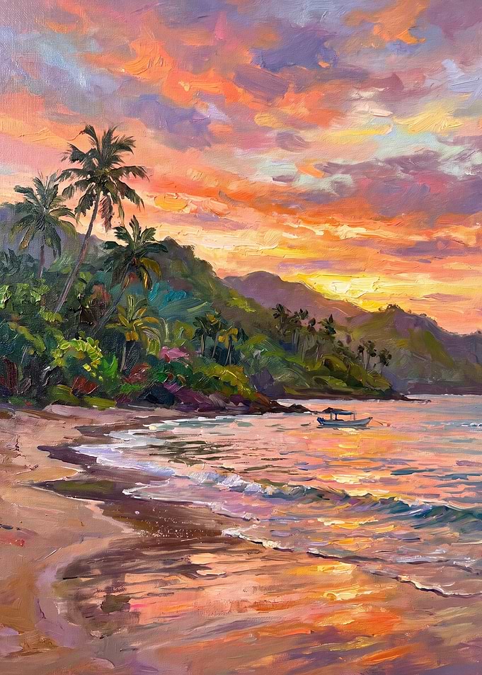 Tropical Beach Sunset Oil Painting