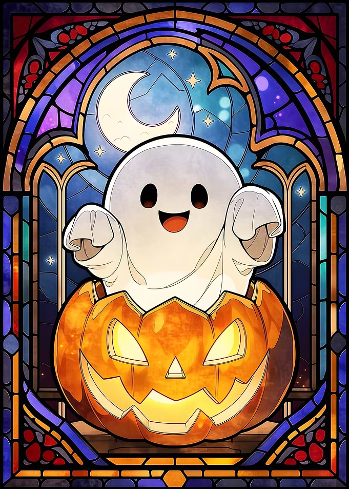 Cute Ghost in Stained Glass Pumpkin