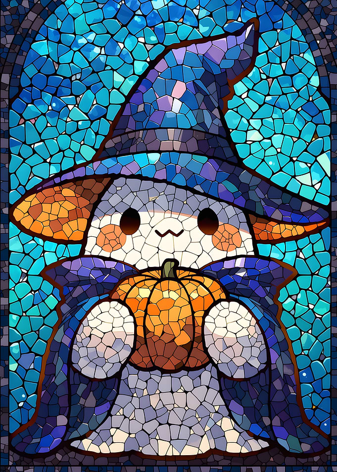 Stained Glass Halloween Witch Cat