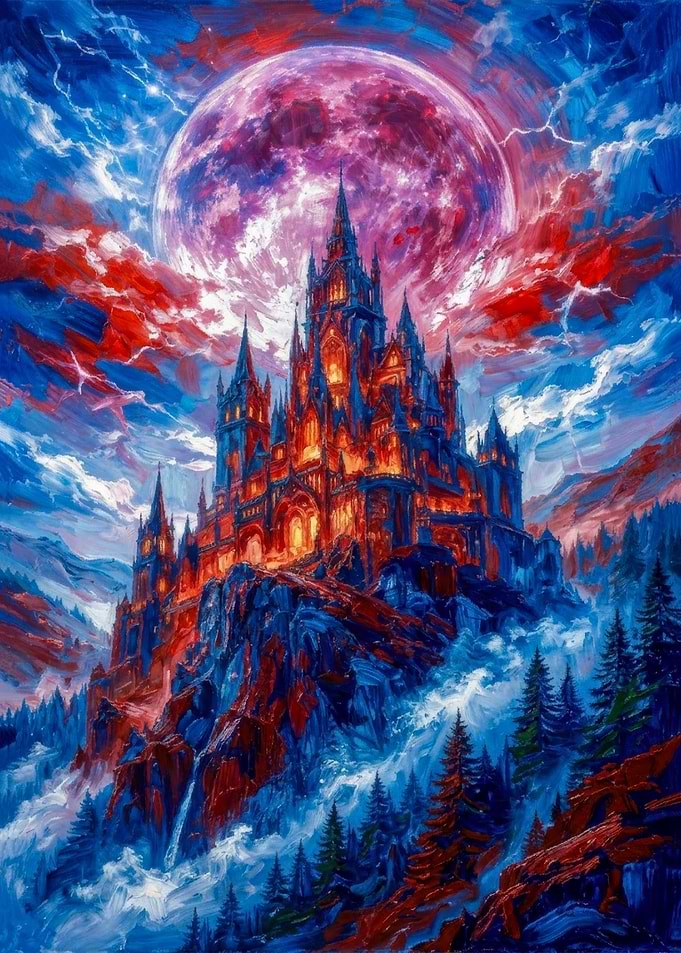 Gothic Castle Under Crimson Moon