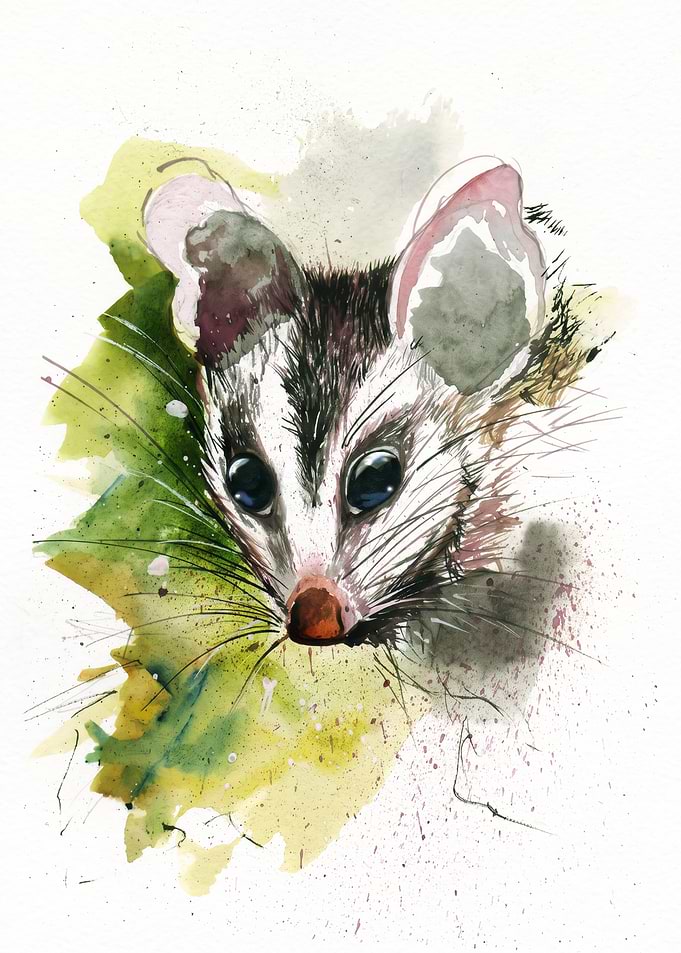 Watercolor Opossum Portrait