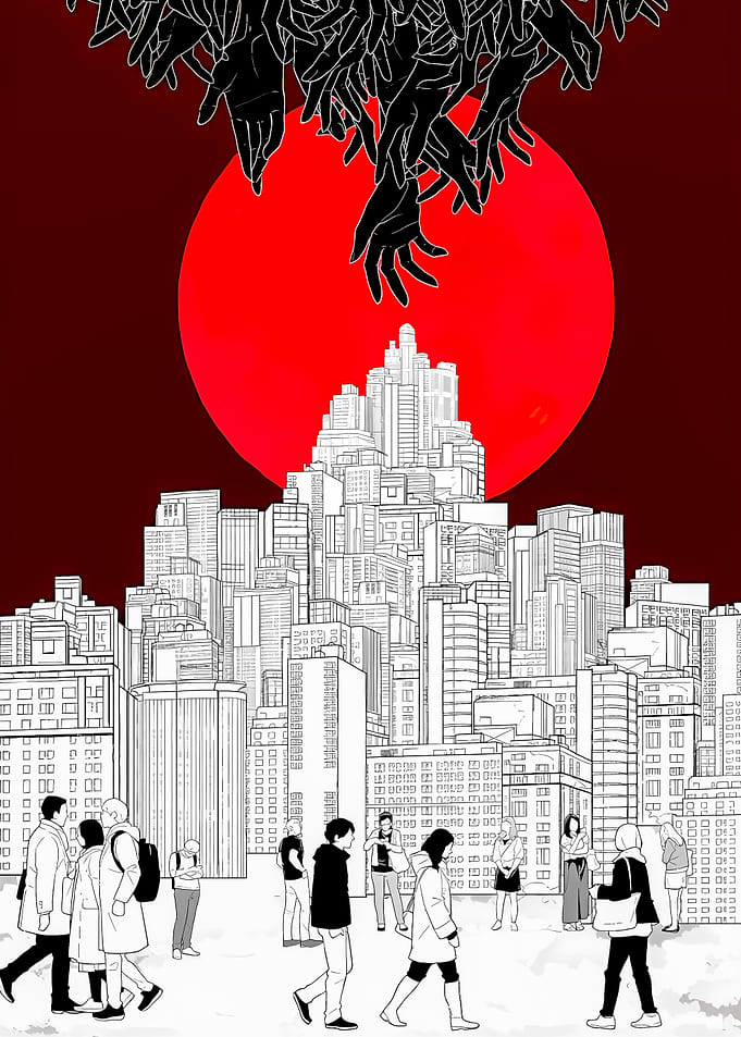 Surreal Cityscape with Reaching Hands