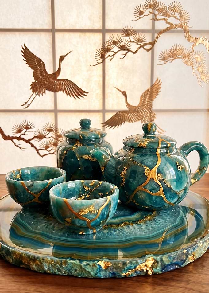 Kintsugi Style Teal Tea Set