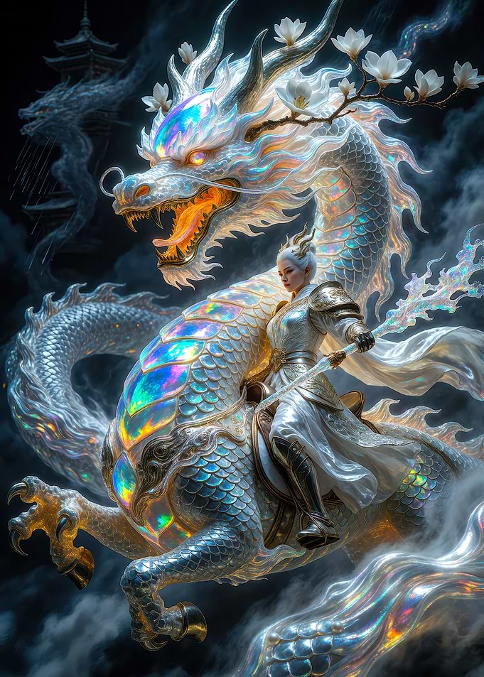 Warrior Riding Iridescent White Dragon