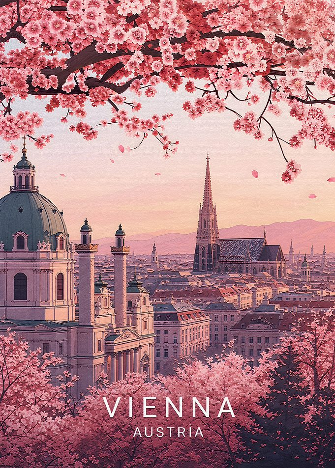 Vienna Austria Cherry Blossom Travel Poster