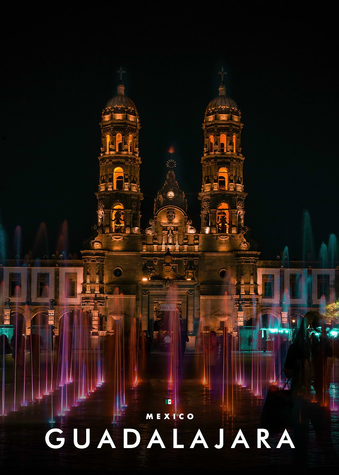 Guadalajara Cathedral Night Fountain View
