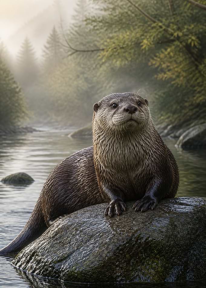 Otter Resting on River Rock