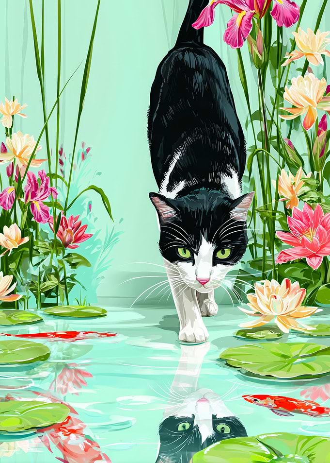 Tuxedo Cat by the Koi Pond Lotus Garden