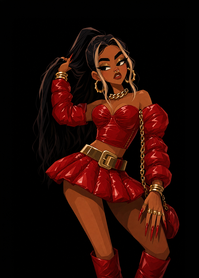 Stylish Woman in Red Vinyl Outfit