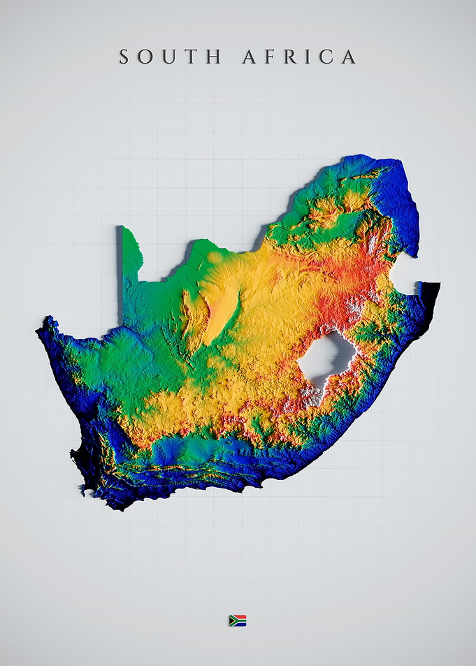 South Africa Topographic Map - Color Shaded Relief, 3D Elevation Poster