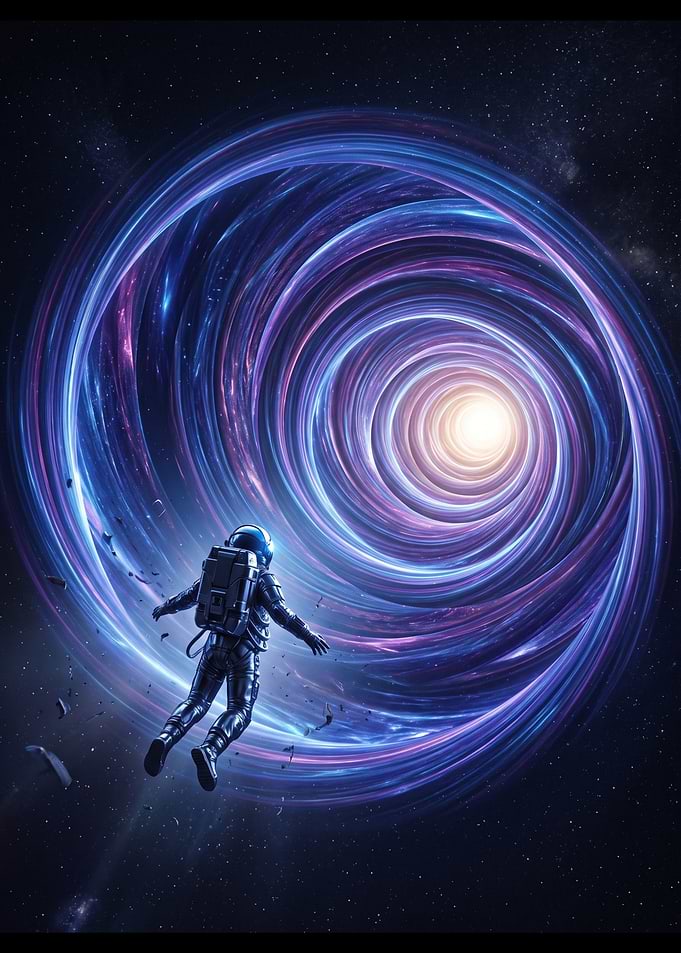 Astronaut Floating Toward Cosmic Wormhole