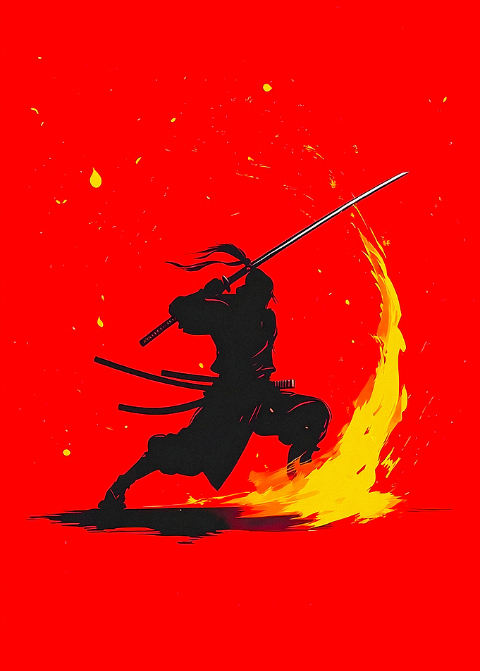 Samurai Silhouette with Fire Arc