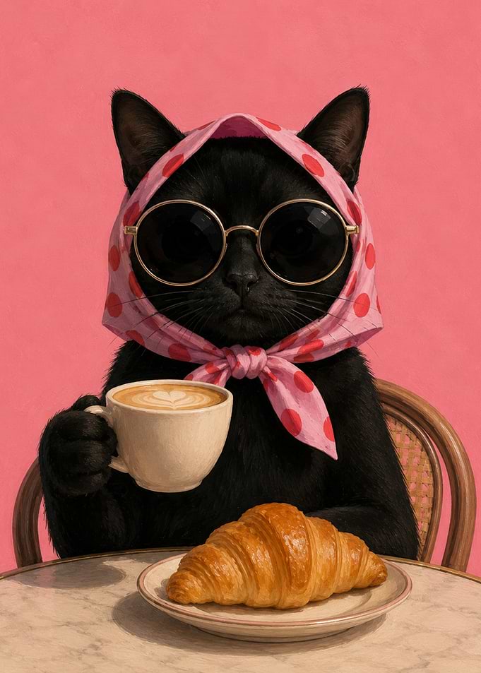 Stylish Black Cat Having Breakfast