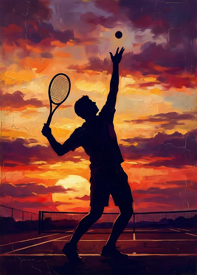 Tennis Player Serving at Sunset