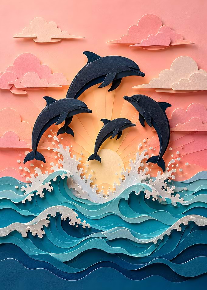 Sunrise Dolphin Pod Leaping Wave Papercraft