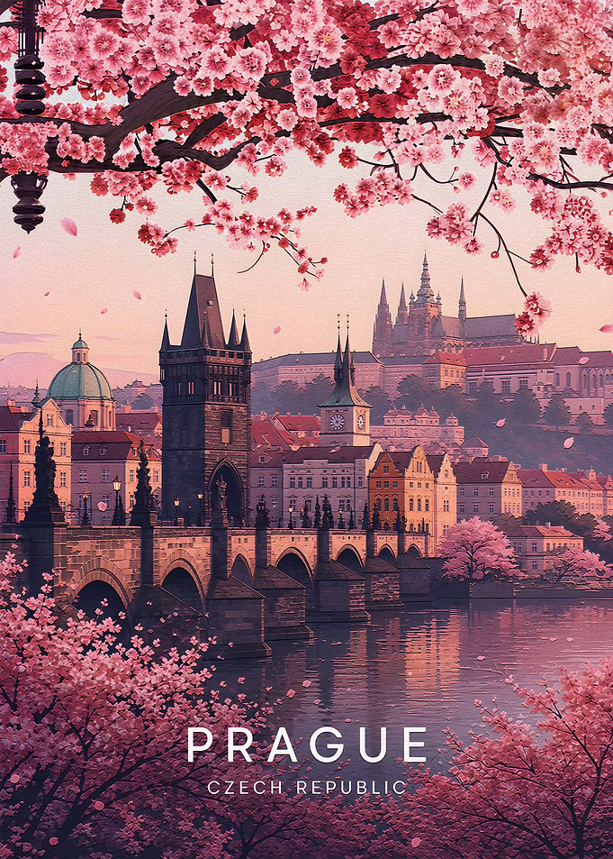 Prague Charles Bridge Cherry Blossom Poster